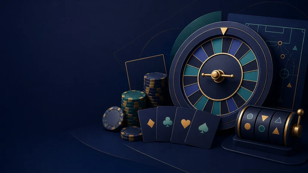 Ilustração editorial de cassino online com roleta, fichas, cartas e rolos de slot