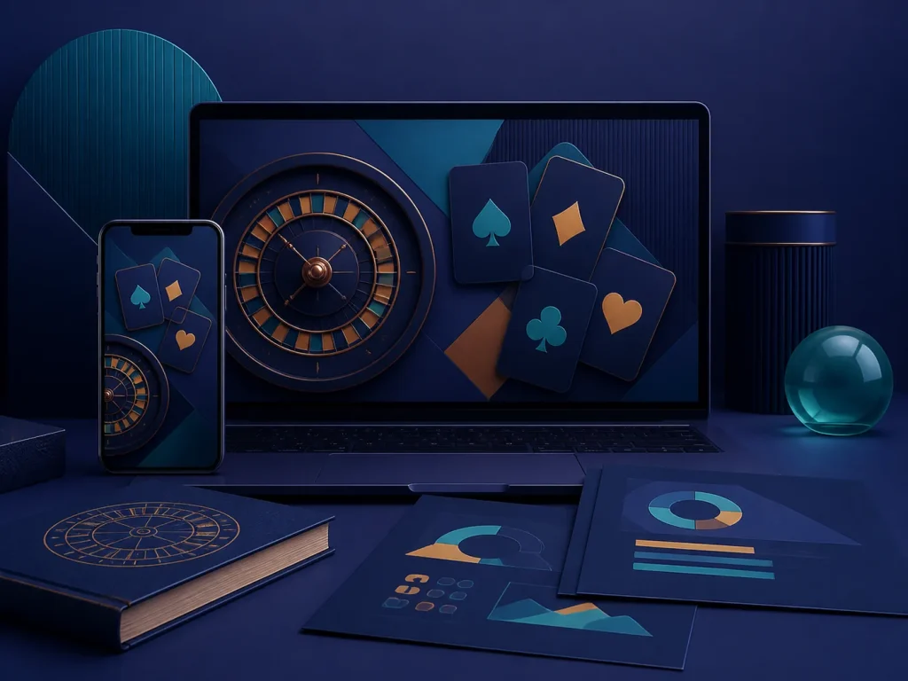 Dispositivos com conteúdo ilustrativo de cassino para acesso móvel e desktop