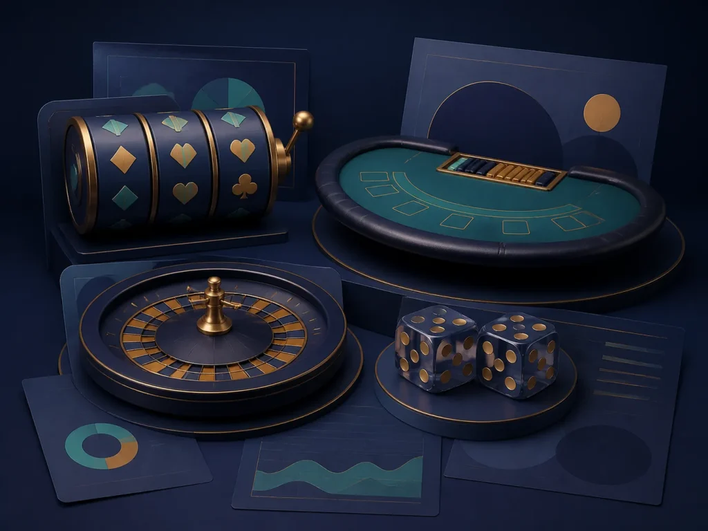Categorias ilustrativas de slots, blackjack, roleta e sic bo